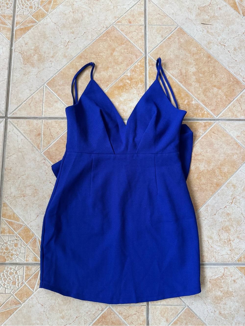 Luxxel Cobalt Blue V-Neck Mini Dress with Double Spaghetti Straps